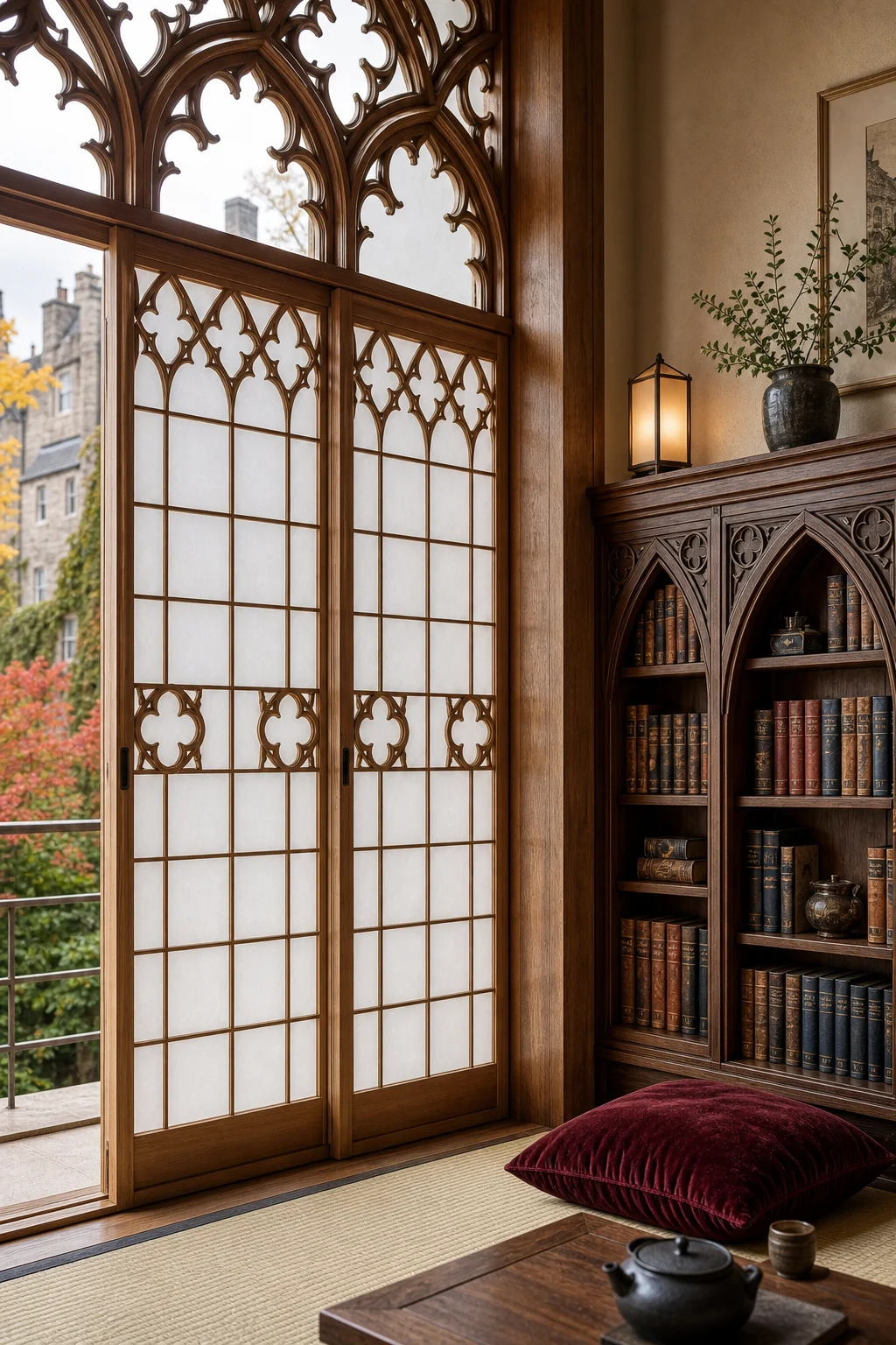 Close-up detail of a sliding wooden screen with Gothic quatrefoil tracery and translucent paper.