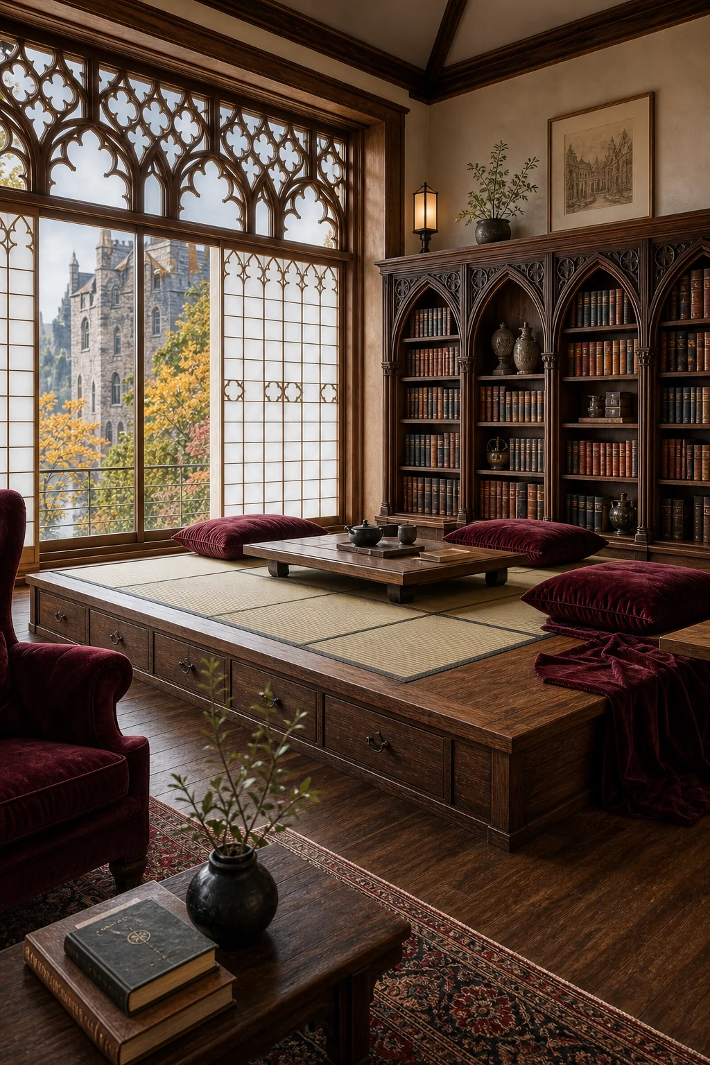Wide corner view of a low seating platform surrounded by low arched bookcases and sliding screens.