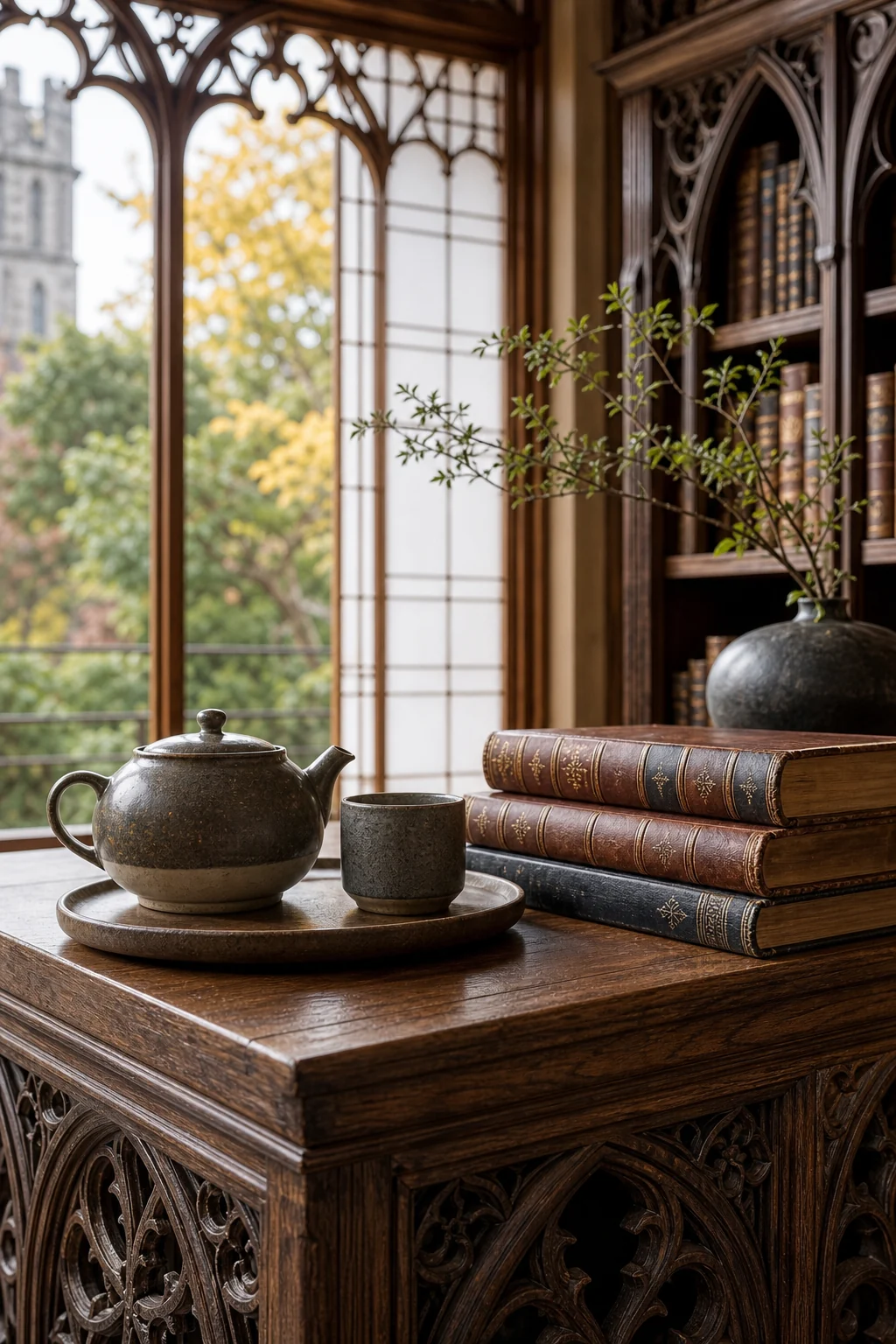 Detail shot of a low oak console with a minimalist tea set and antique leather books.
