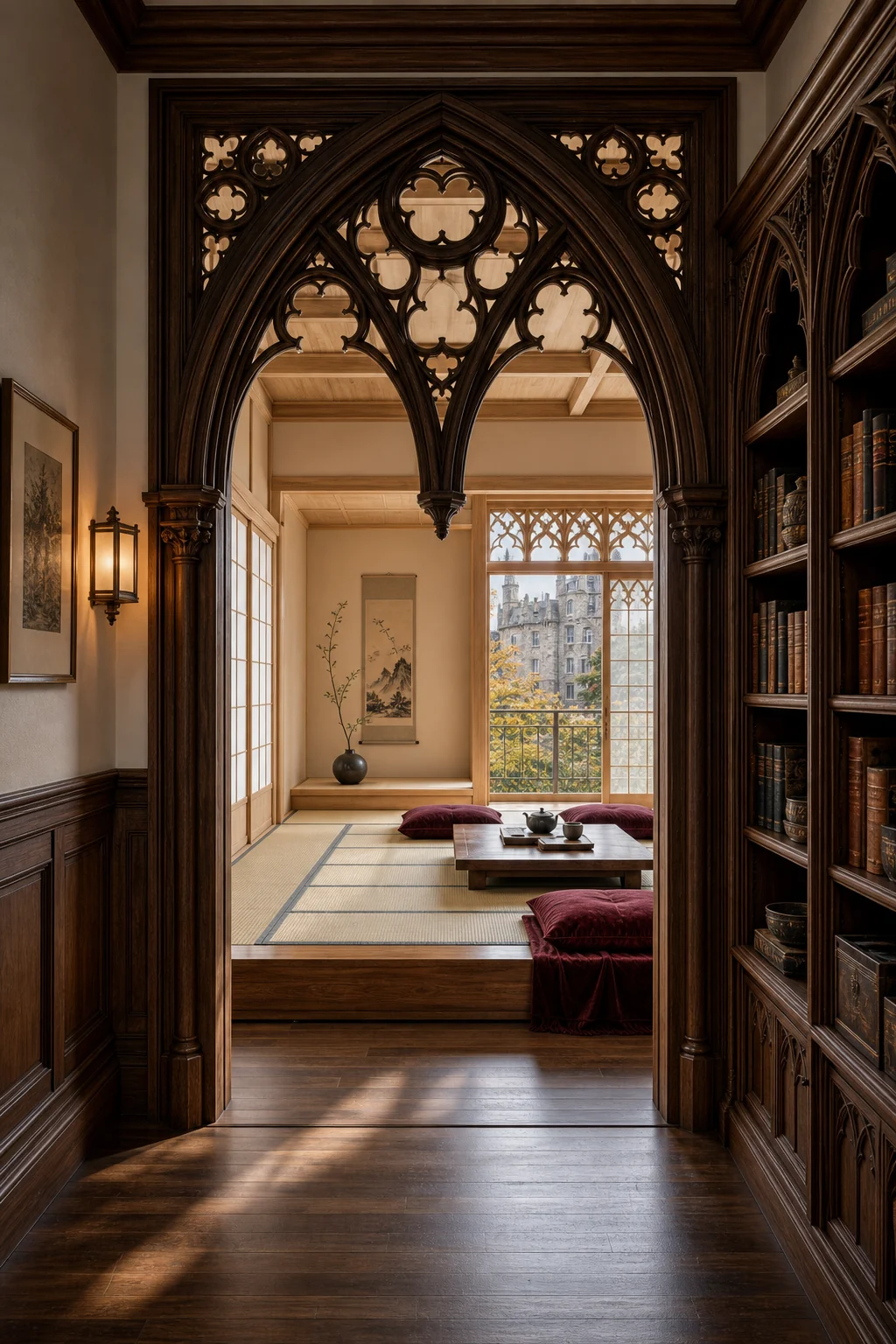 View through a heavy carved wooden doorway into a bright, low-profile minimalist library.