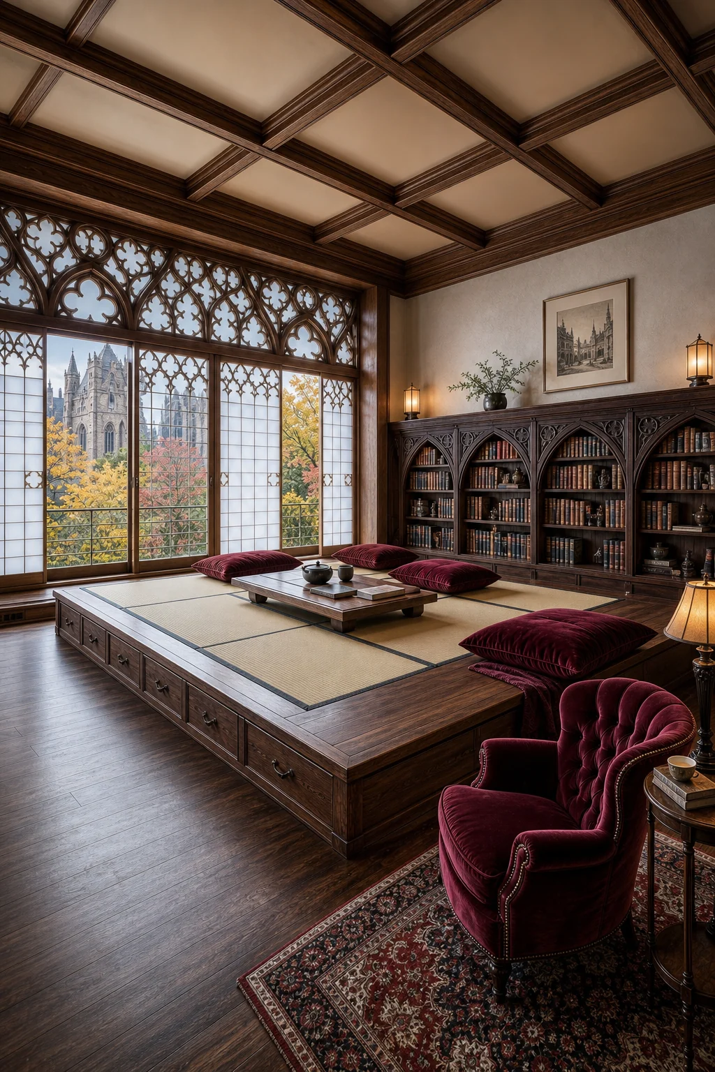 High-angle full room shot showing a balanced mix of negative space and low, dense woodwork.