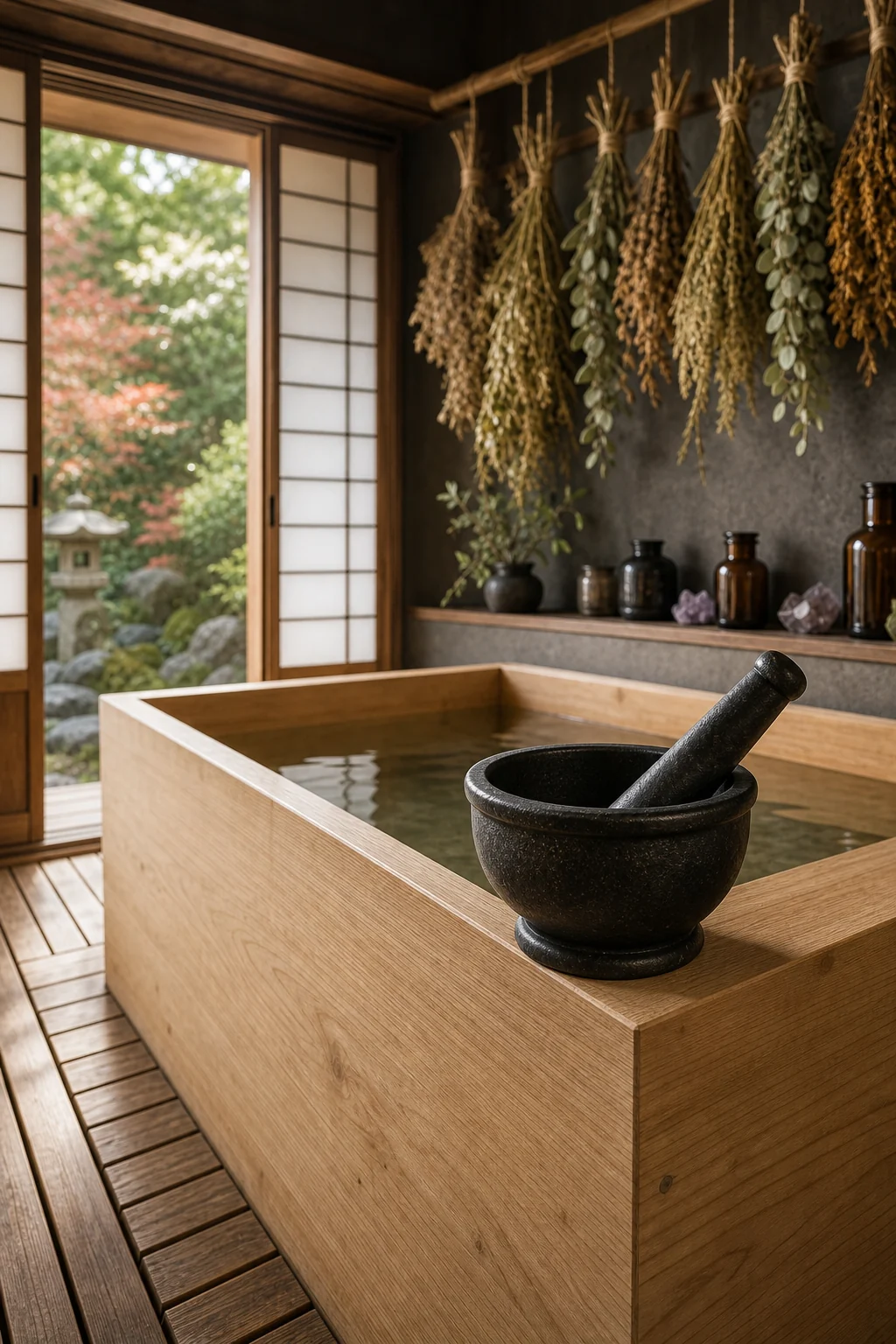 Low angle view of a pristine hinoki wood tub holding a heavy cast-iron mortar and pestle.