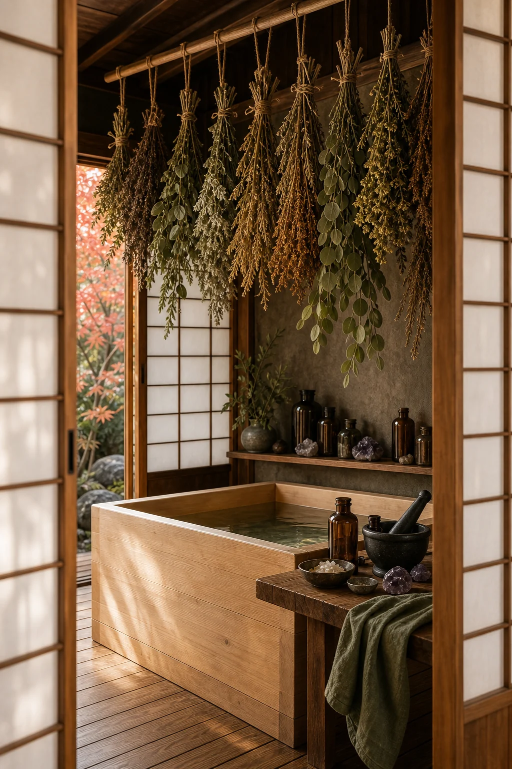 Eye-level medium shot of dried herb bundles hanging in front of sliding paper shoji screens.