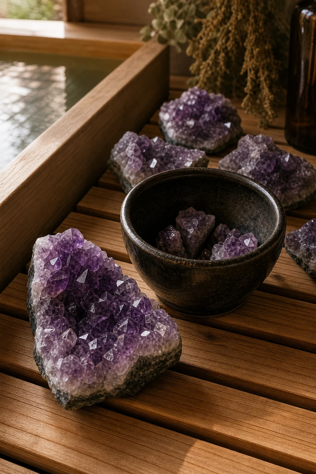 High angle detail shot of raw amethyst clusters resting on a slatted cedar floor mat.