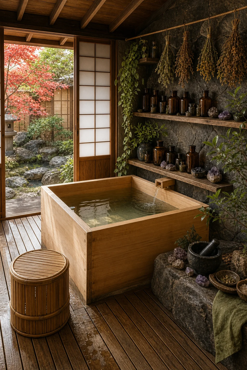 Wide vignette showing a hinoki tub, wooden stool, and a stone wall with apothecary shelves.