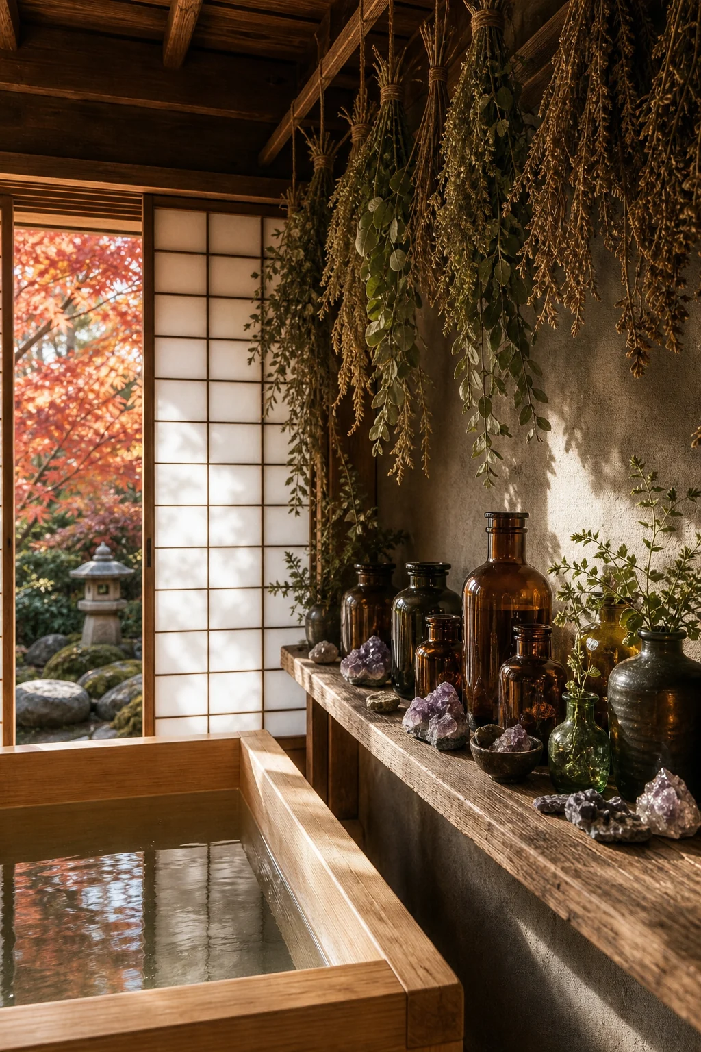 Medium-wide natural light focus on amber glass bottles illuminated by light from a shoji screen.