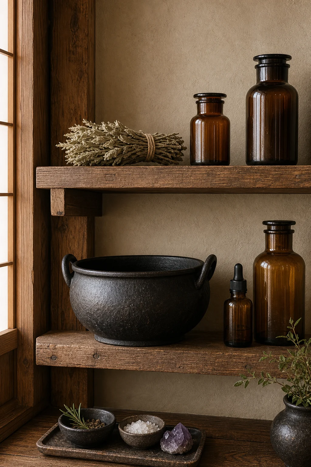 Straight-on detail of a rustic shelf holding amber bottles, a heavy mortar, and dried sage.