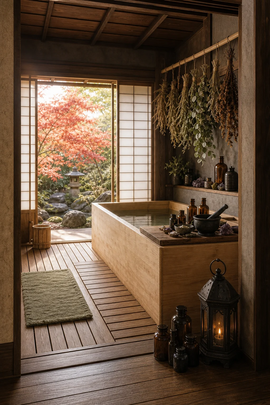 Perspective shot of a bathroom threshold with slatted floor mats and a dark iron lantern.