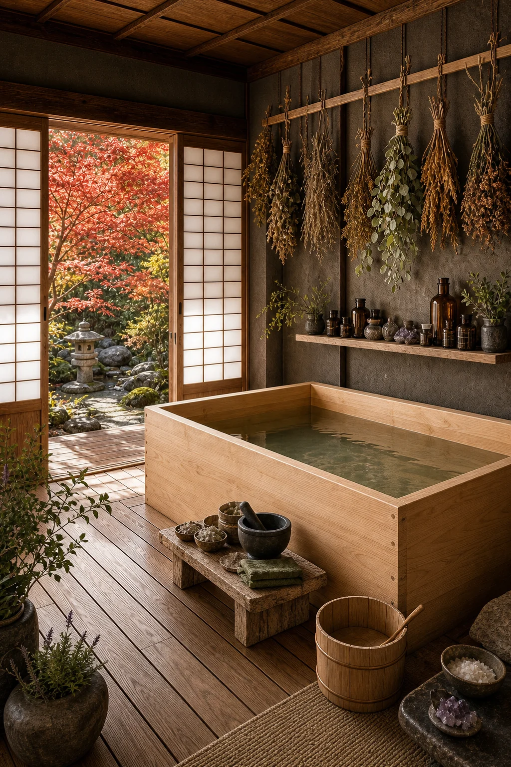 Full-bleed hero shot from a corner angle showing the tub, courtyard view, and controlled herbs.