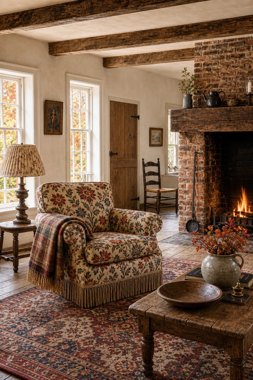 A massive brick hearth and unpainted plaster wall beside a plush fringed armchair.