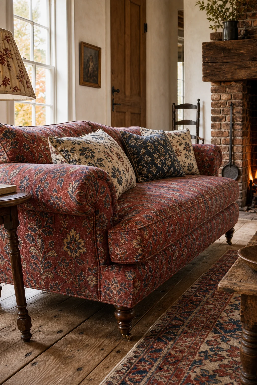 Close-up of an overstuffed Howard-style sofa resting on wide-plank pine floors.