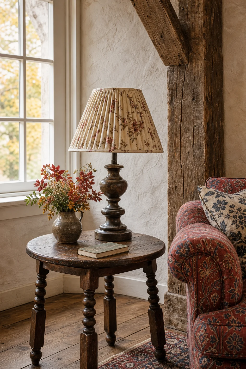 Turned-wood side table with a pleated lampshade against rough plaster.