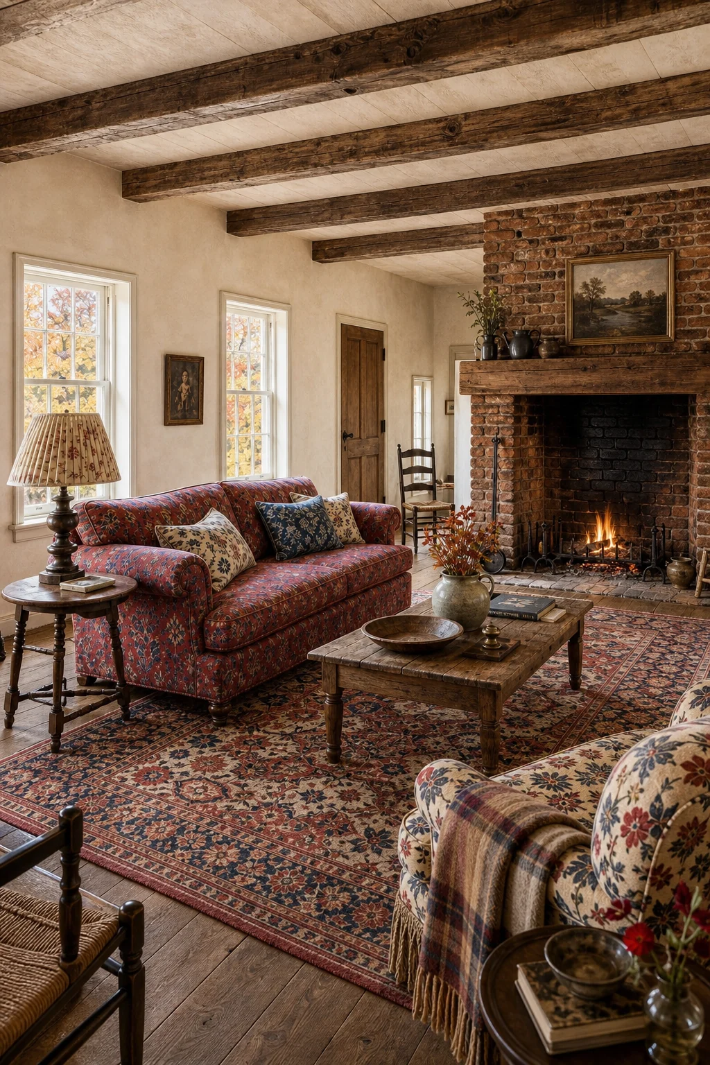 Generous room view showing a sparse layout with a patterned sofa and Persian rug.