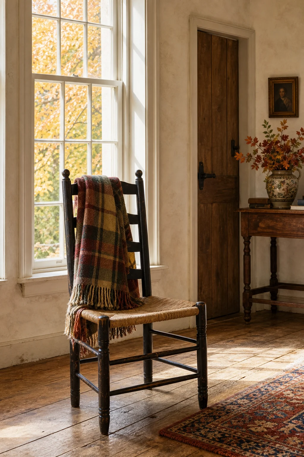 Multi-pane sash window casting light on a ladder-back chair and fringed throw.