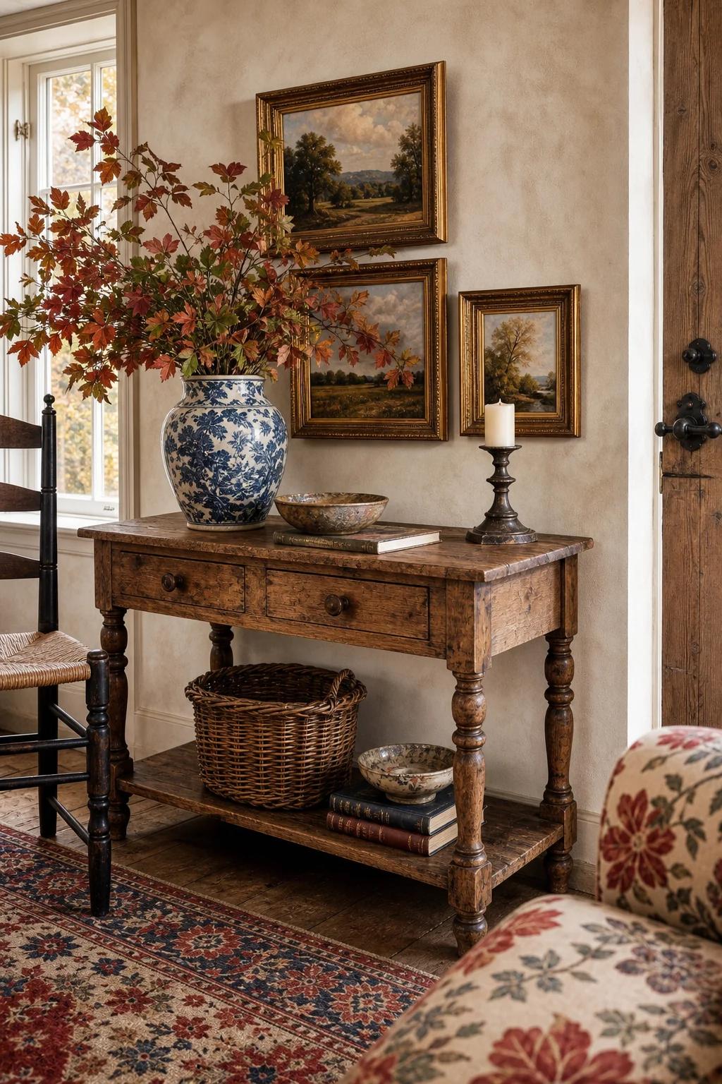 Rustic pine console table styled with framed oil landscapes and a ceramic vase.