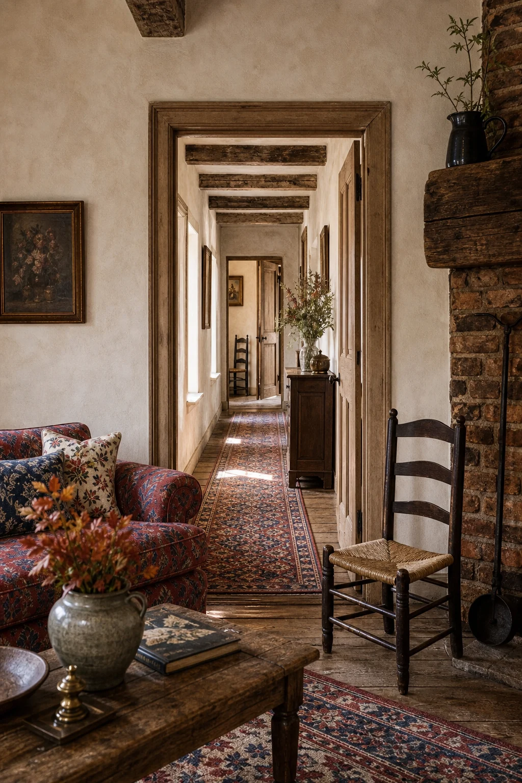 Doorway looking into a hallway with bare plaster walls and a patterned runner rug.