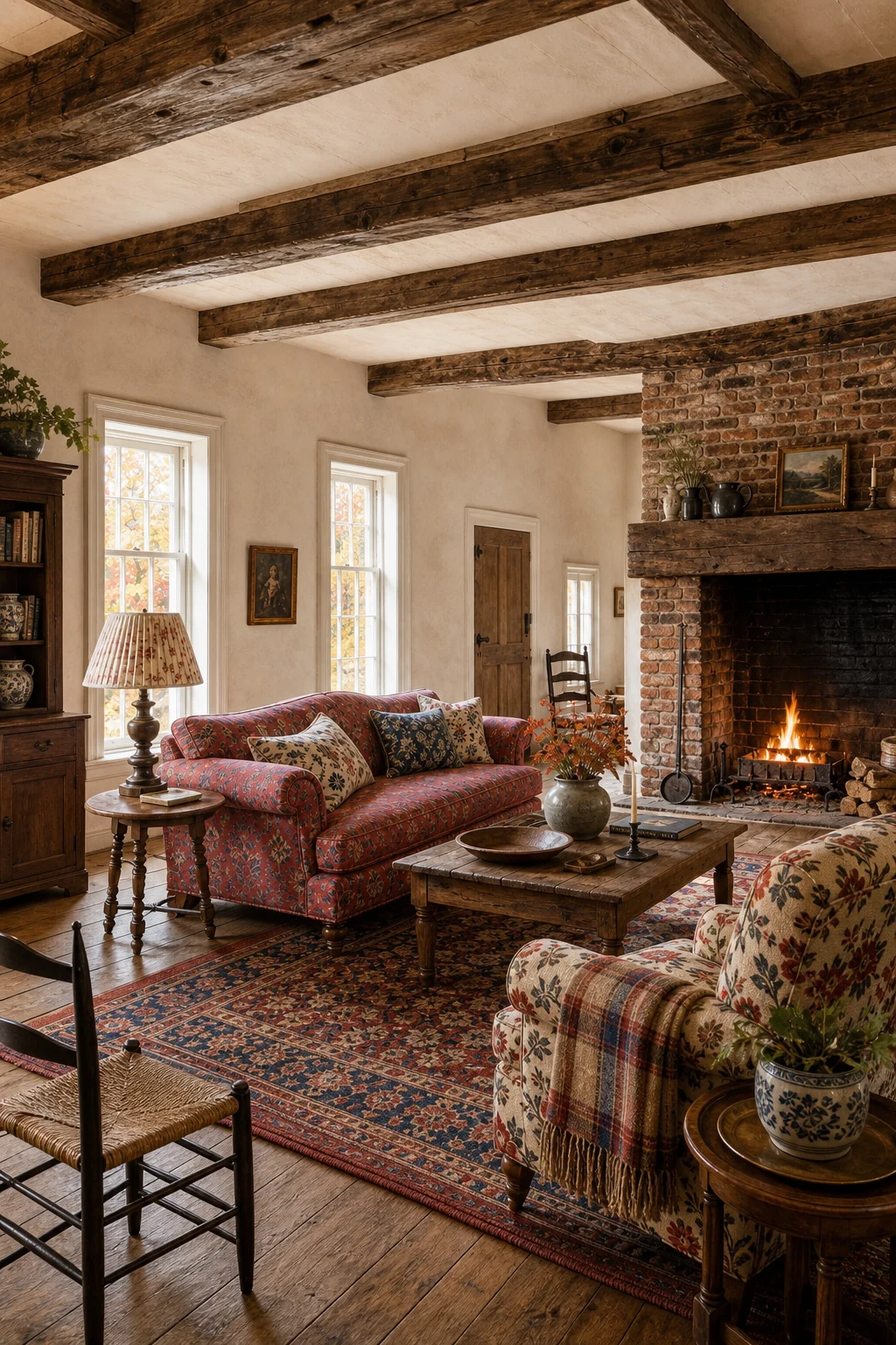 Wide establishing shot balancing a heavy oak ceiling with layered seating.