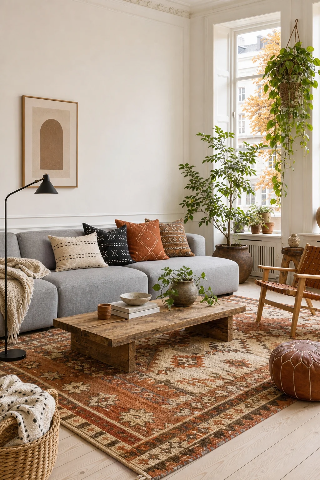 A low-profile grey linen modular sofa against crisp white walls, accented with a single terracotta mudcloth pillow.