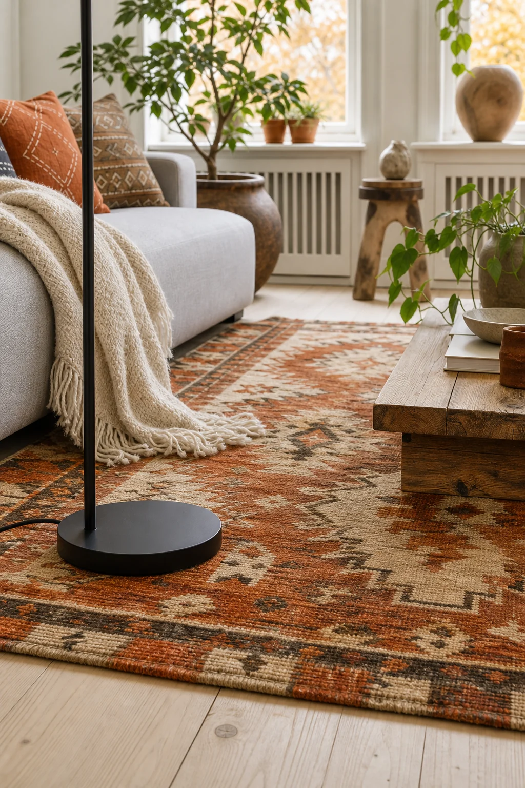 Floor-level view of a vintage Moroccan wool rug with terracotta motifs, featuring the base of a sleek matte black floor lamp.