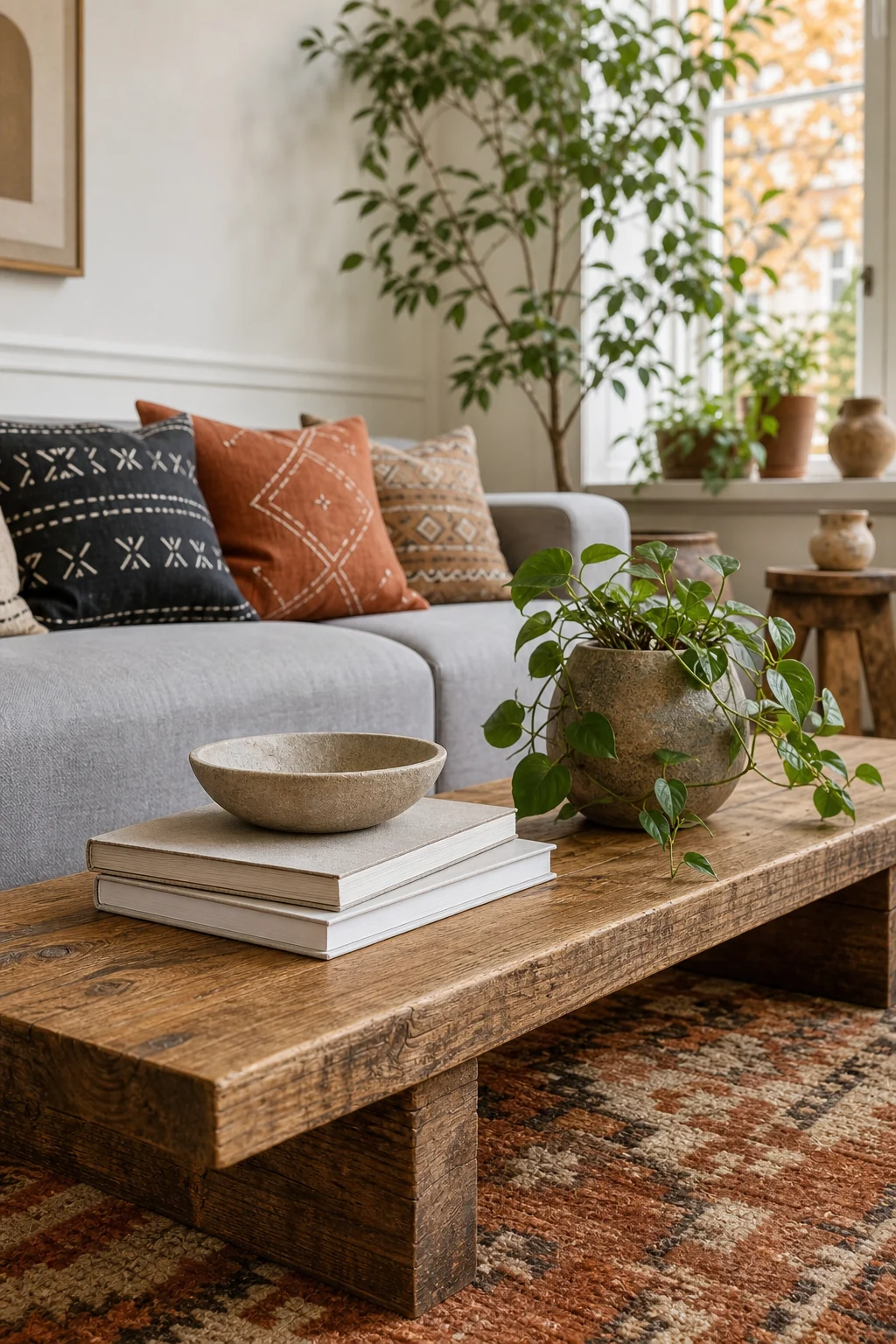 Detail shot of a warm oak coffee table holding an unglazed clay bowl and a stack of books.