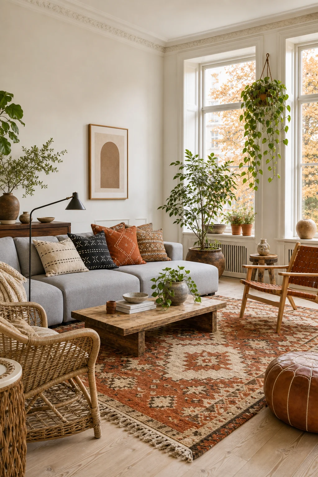 Generous room view showing a grey sofa, oak chair, Moroccan rug, and trailing plants working together.