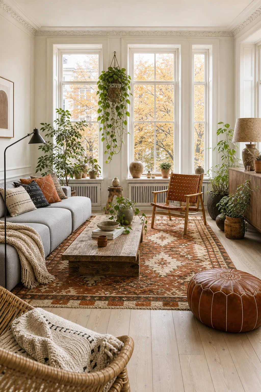 High-angle shot looking toward large windows with subtle period moldings, showing trailing houseplants catching diffused autumn daylight.