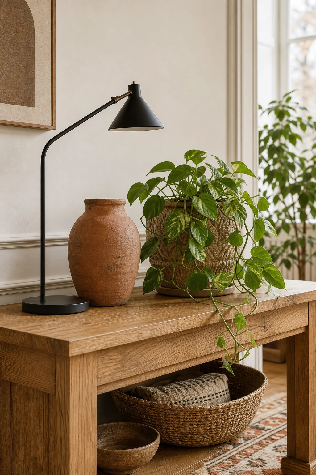 Close-up of a warm oak console table styled with a matte black lamp, a terracotta vase, and a trailing pothos plant.