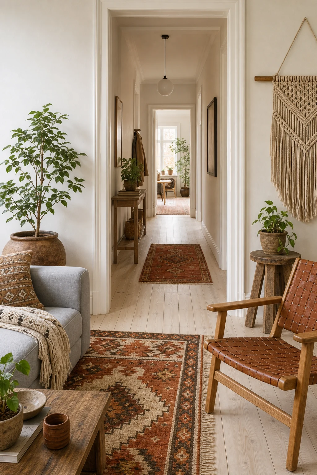 View from the living room looking into a hallway, showing pale floors continuing past a woven leather chair and macrame.