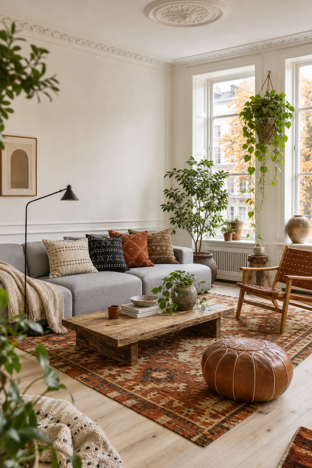 Wide, offset room view capturing the balance of the airy ceiling space against grounded floor textures.