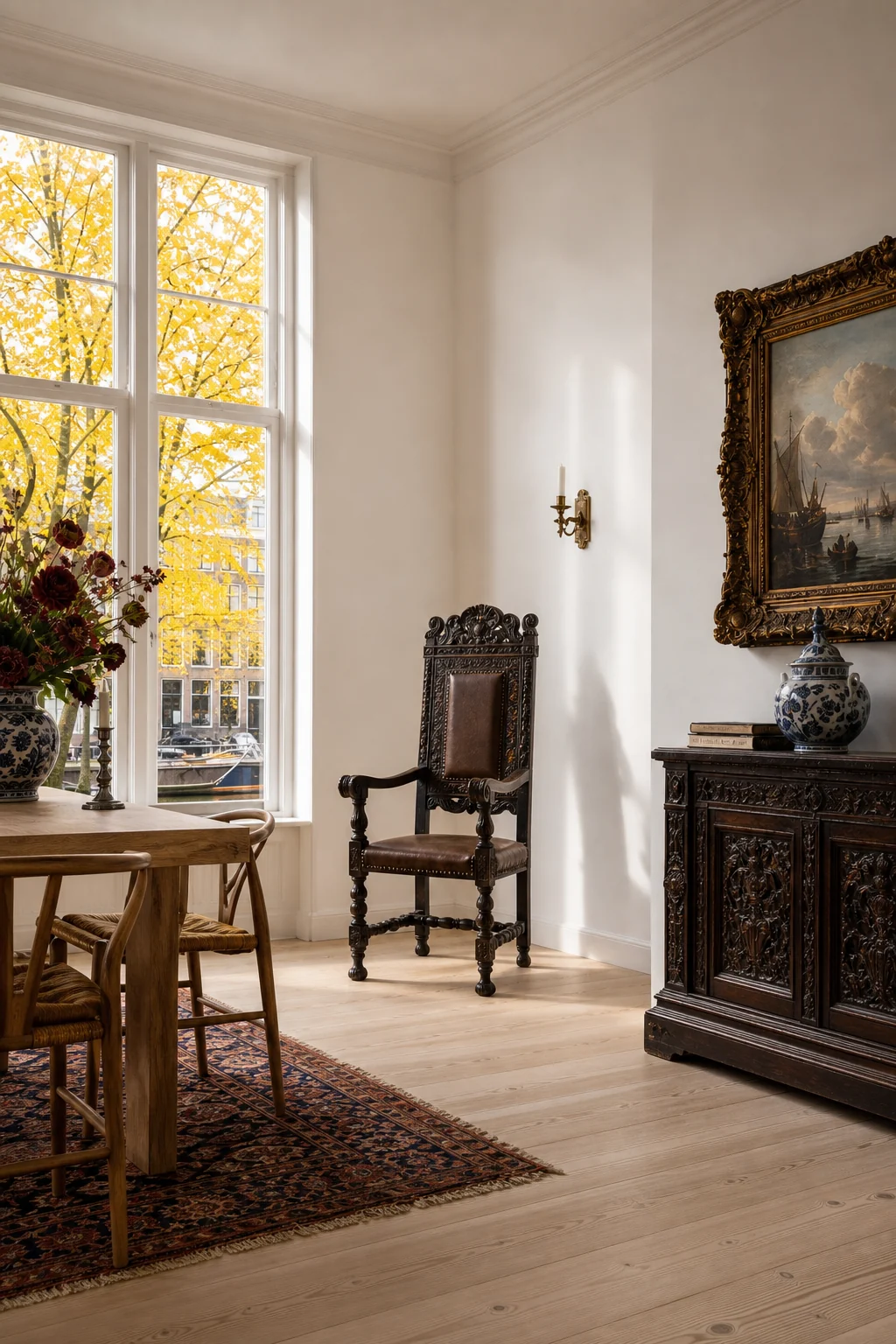 Low-angle shot of pale wood floors meeting crisp white walls with a heavy carved walnut chair.