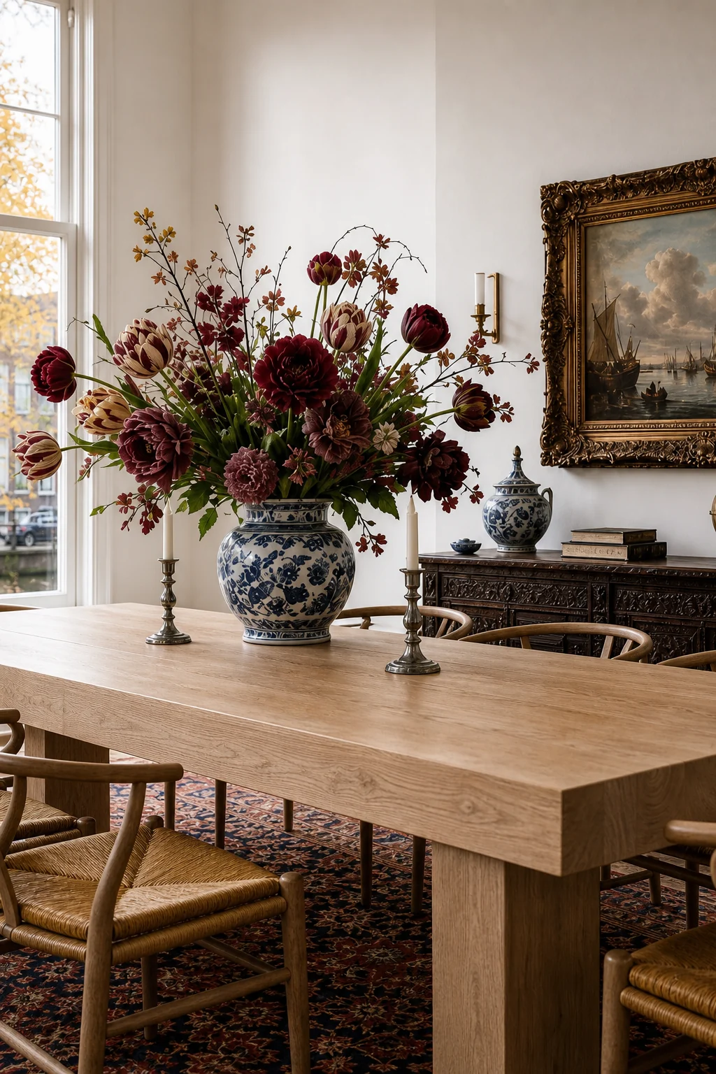 Oversized burgundy floral arrangement in a Delft blue vase on a minimal oak table.