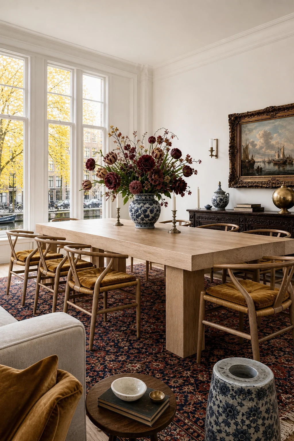 Minimalist wishbone chairs with ochre velvet cushions on a Persian rug under a pale oak table.