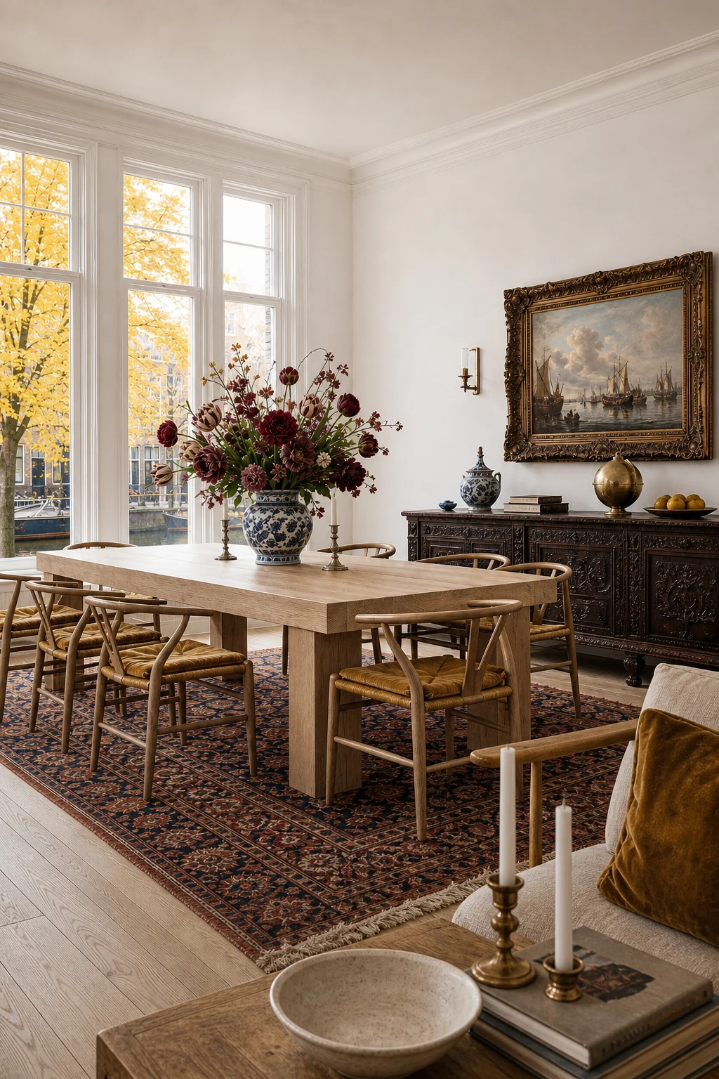 Tall unadorned windows casting bright natural light onto a dark carved console table.