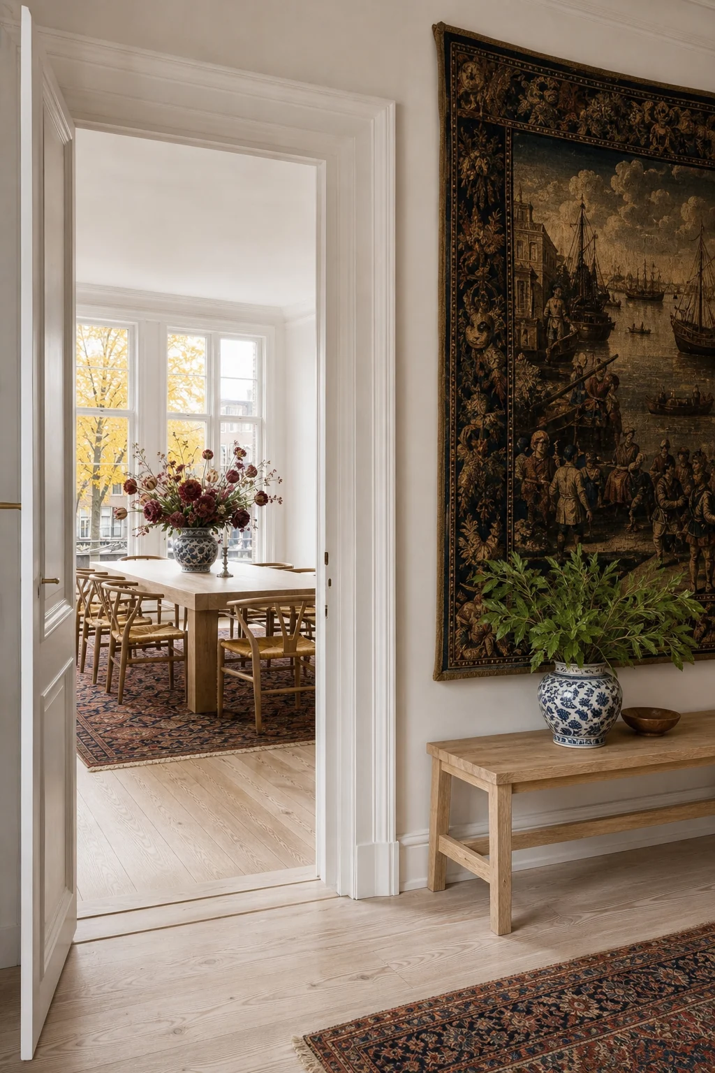 View through a white doorway into a hallway with pale floors and a heavy tapestry.