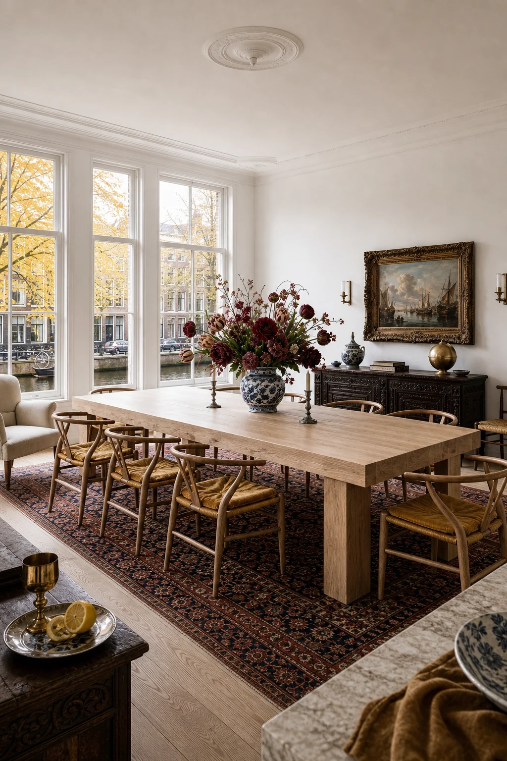 High-angle wide shot of the dining room showing the balance of bright volume and dark accents.