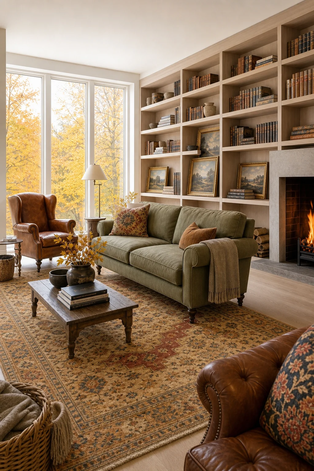 Pale white-oiled oak bookshelves against chalk-white walls holding a few antique leather-bound books.