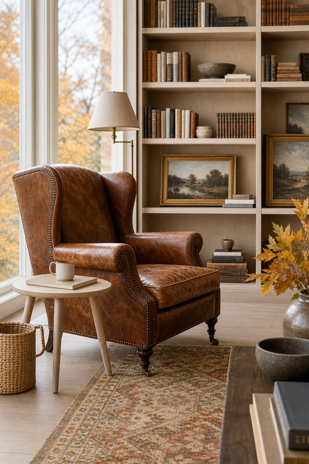A worn saddle leather wingback chair beside a minimalist pale oak side table.