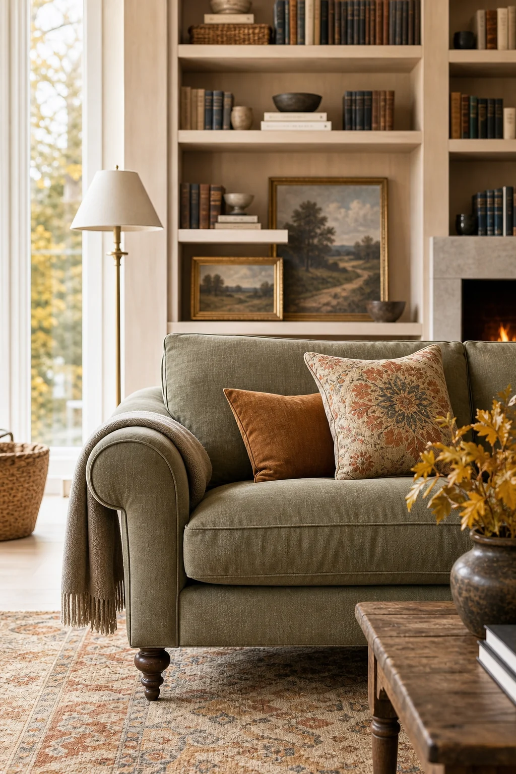 A classic rolled-arm sofa upholstered in unpatterned faded bracken-green linen.
