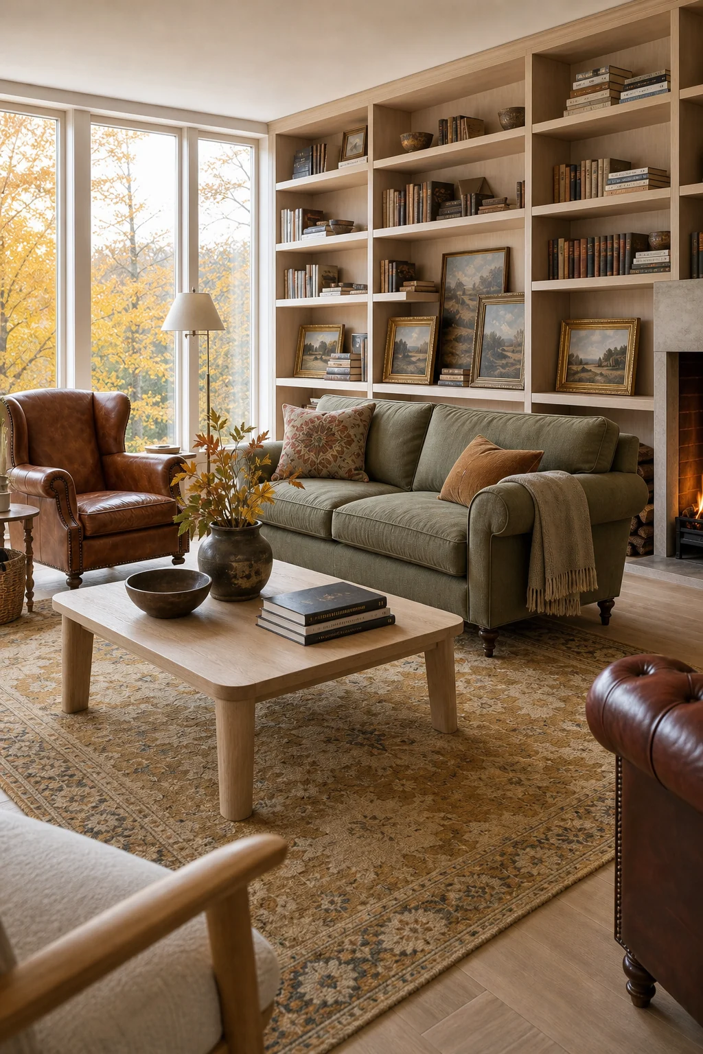 A faded Oushak rug anchoring a modern pale oak coffee table and a green linen sofa.
