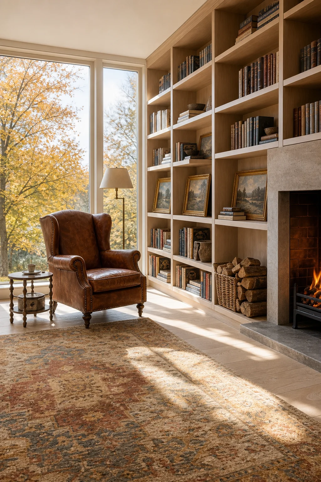Bright natural light streaming through unadorned windows onto a faded Persian rug.