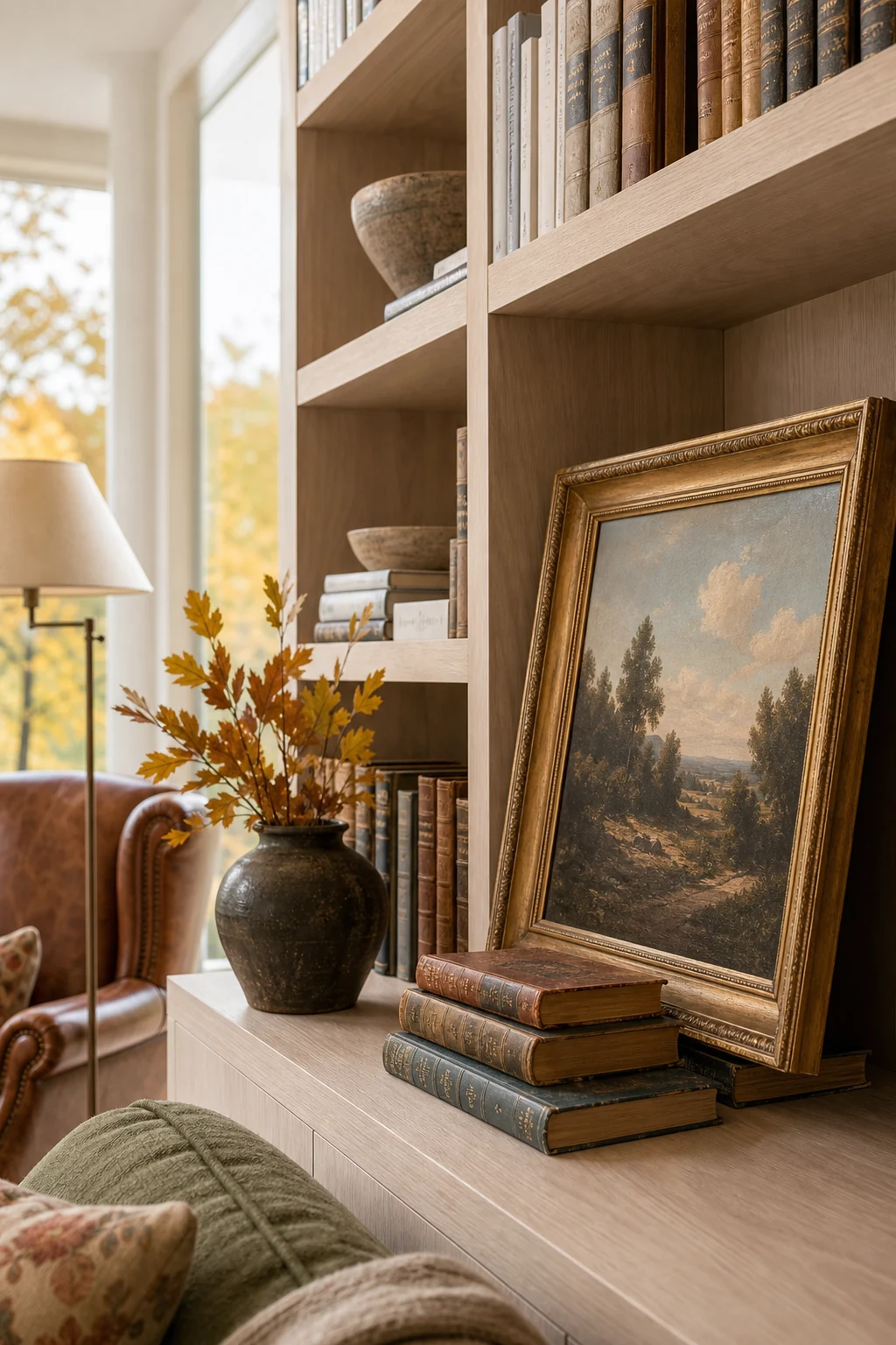 An antique gilt-framed oil landscape leaning casually on modern pale oak bookshelves.