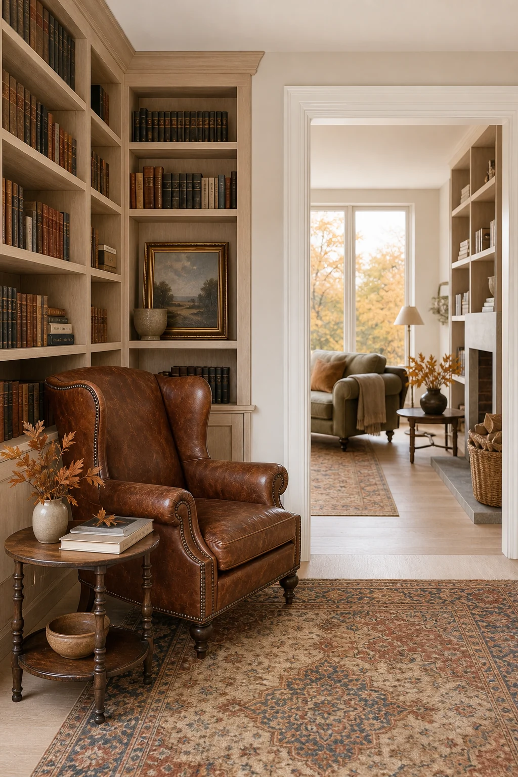 A transitional reading nook with chalk-white walls, a worn saddle leather chair, and a vintage side table.