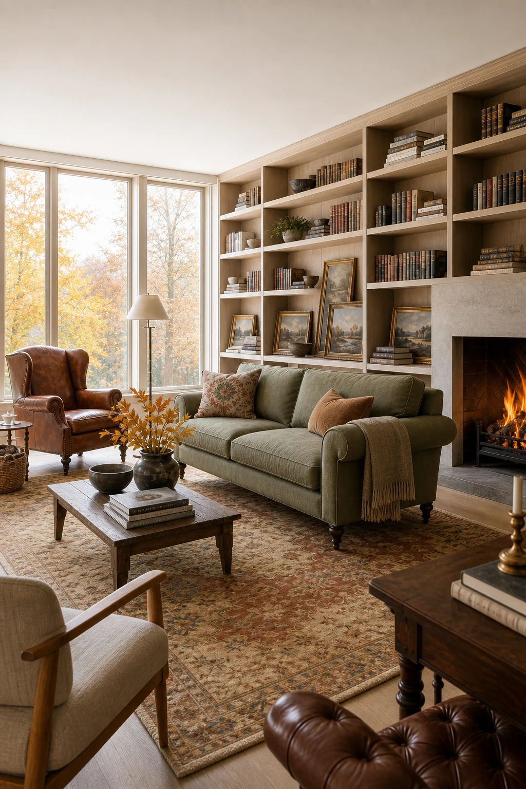 A minimalist concrete fireplace flanked by a traditional green linen sofa and saddle leather chair.