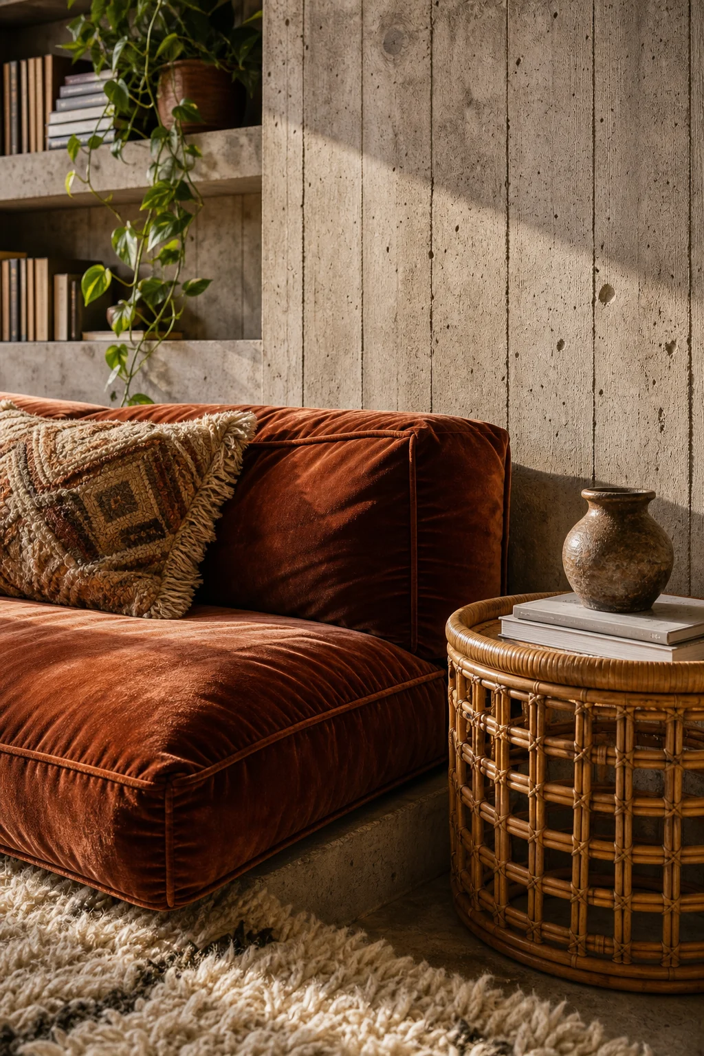 Close-up of a rust velvet modular sofa cushion and a woven rattan chair against a raw concrete wall.