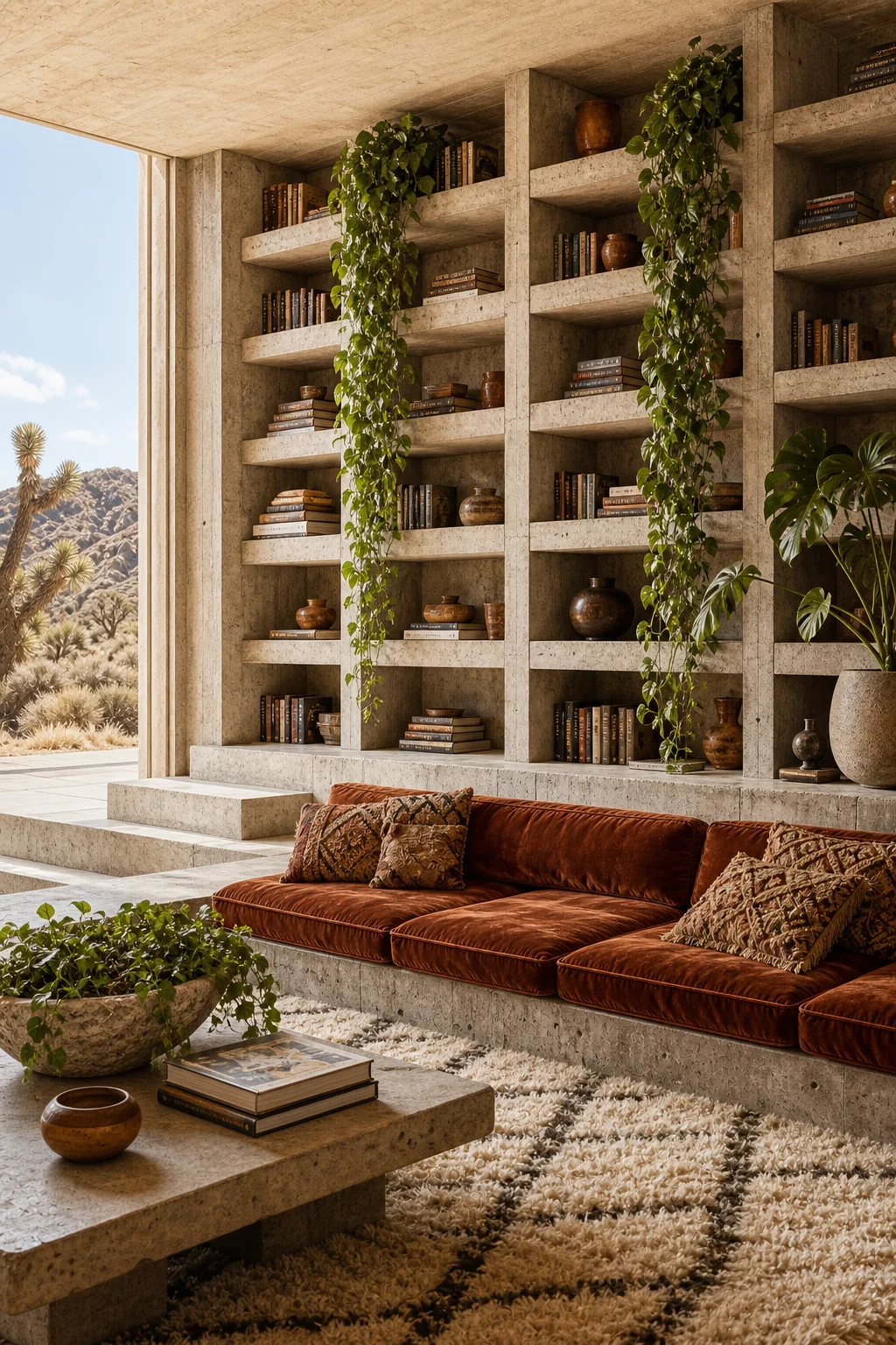 Massive concrete bookshelf with sharp lines, softened by trailing olive-green pothos plants.
