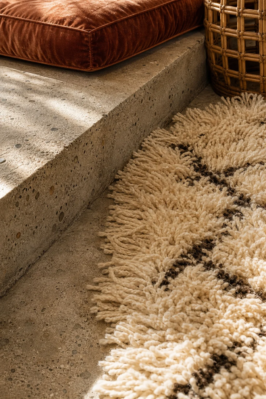 Detail shot showing the junction of warm sandy concrete and a thick cream geometric shag rug.