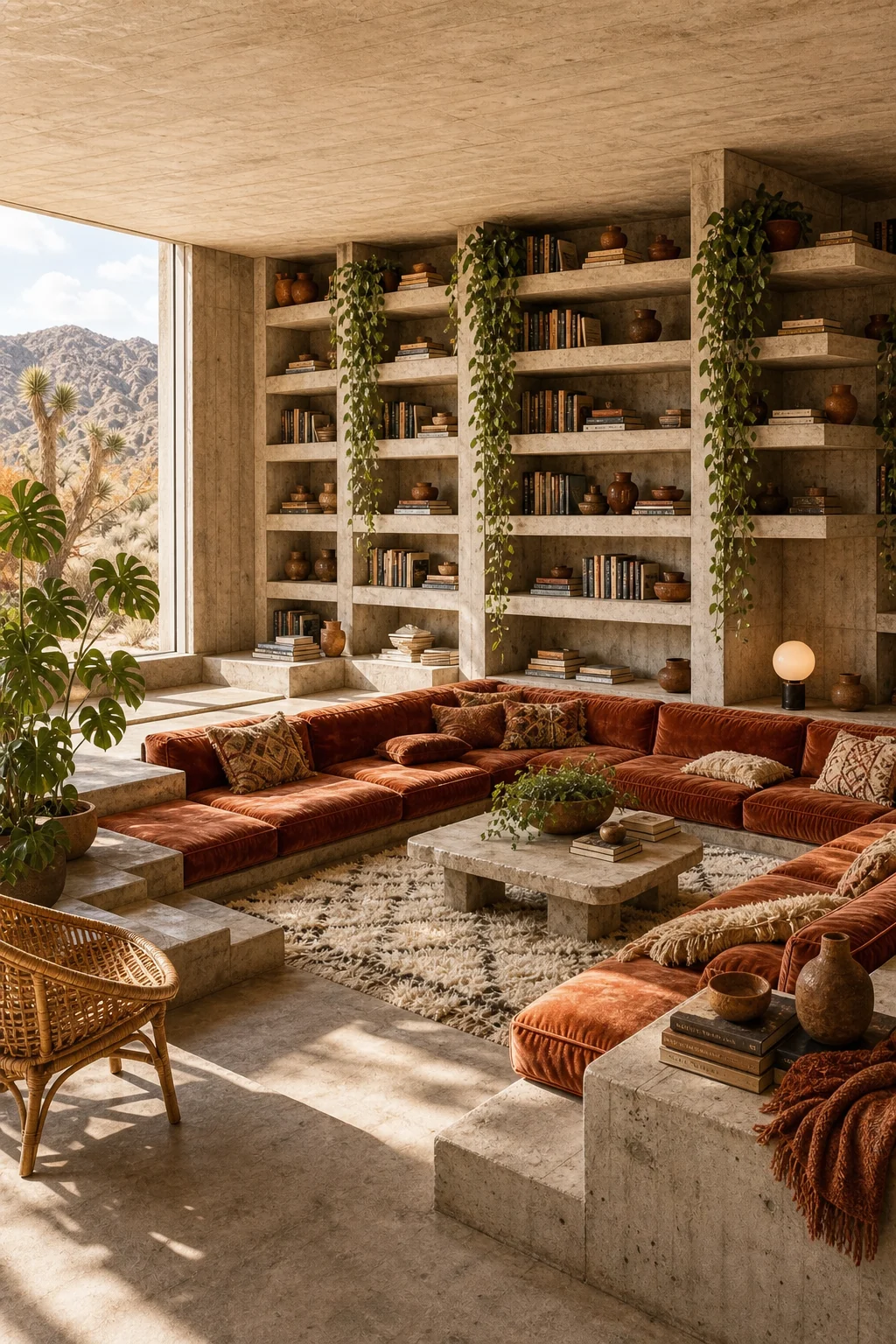 Sunken conversation pit with rust velvet seating inside a concrete architectural frame.