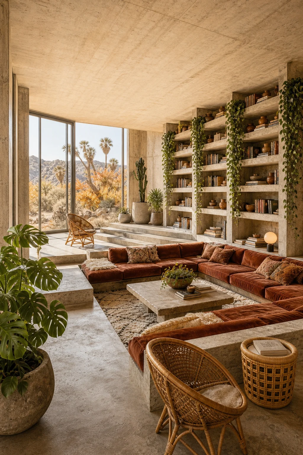 Wide angle showing large windows letting bright desert daylight wash over concrete shelves and rattan furniture.