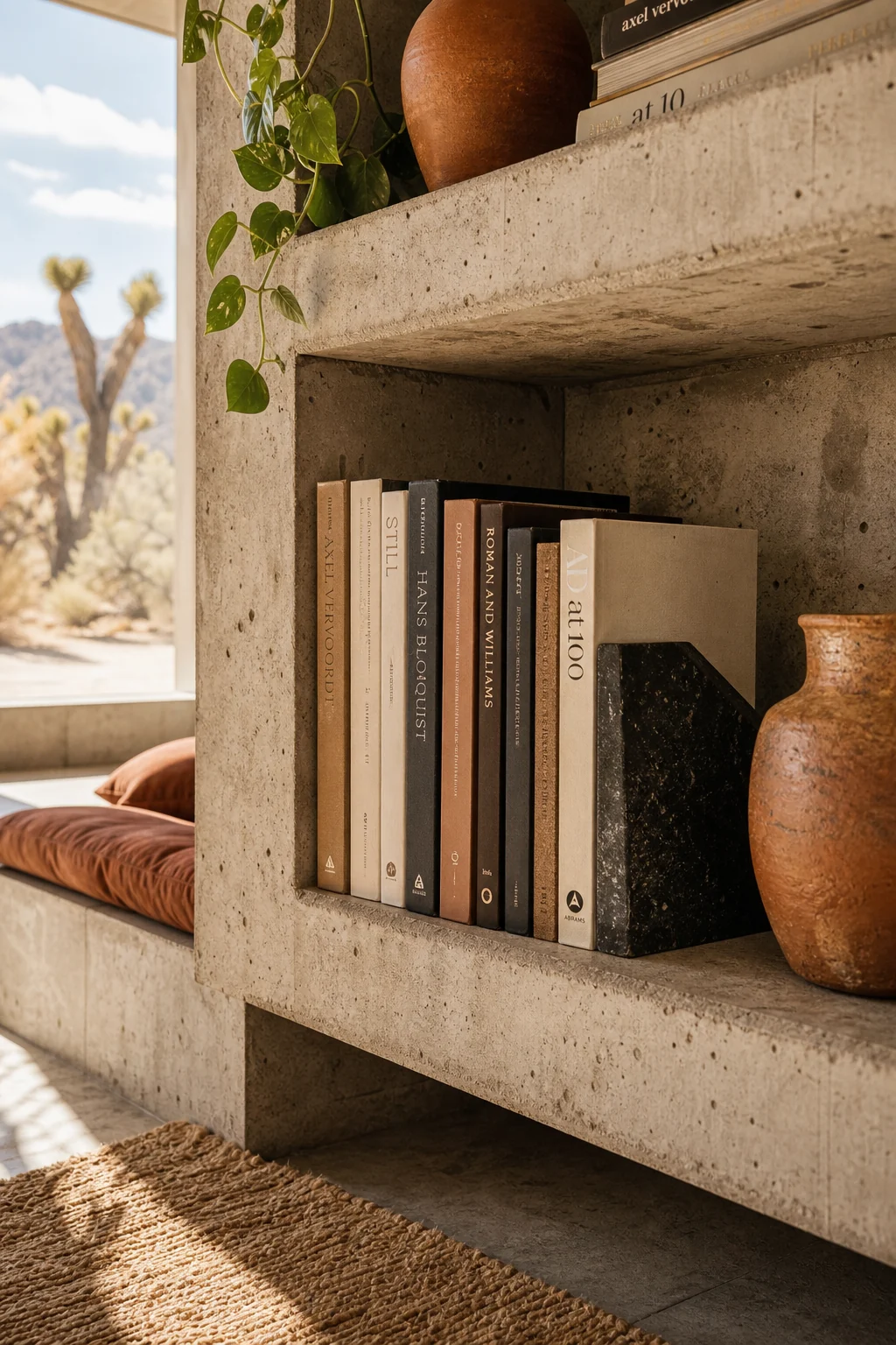 Styled concrete shelf with eclectic books, handmade ceramics, and a blackened steel bookend.