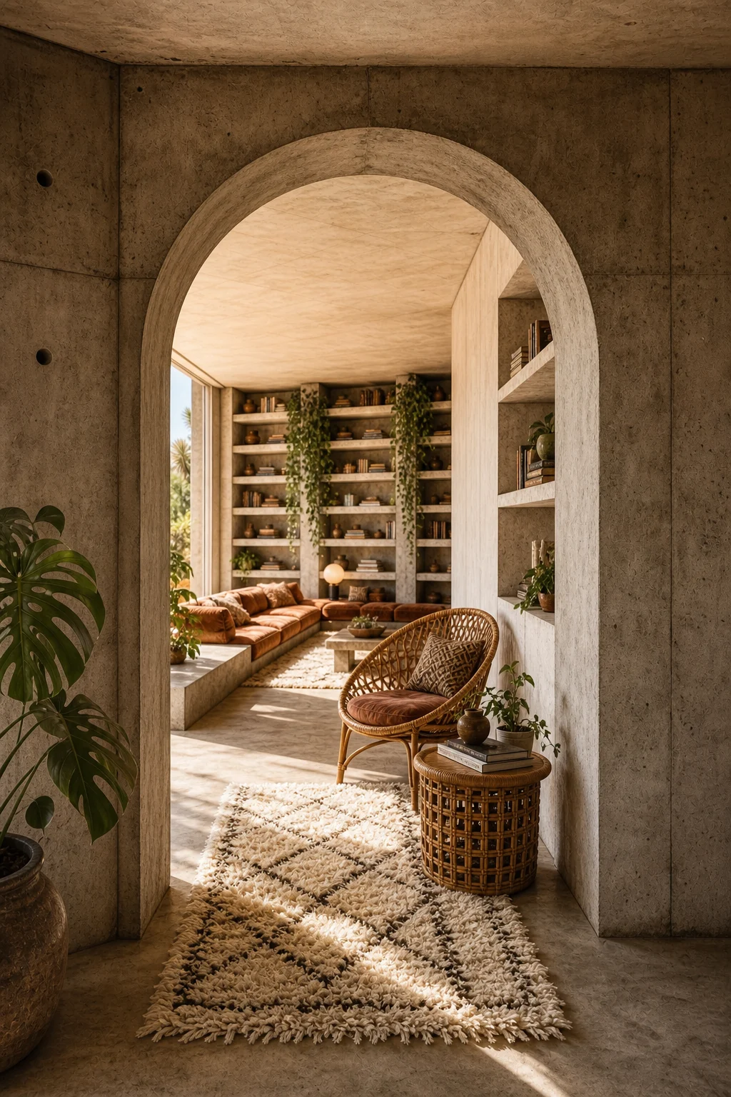 A hallway transition showing a concrete archway framing a vintage rattan side table and shag runner.